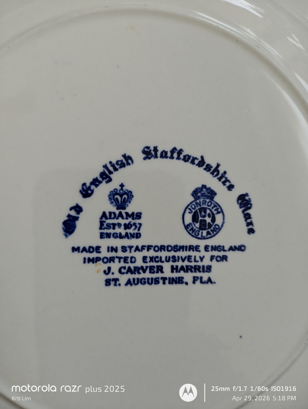 Adams / Jonroth English Staffordshire Ware Plate - White with Blue Backstamp